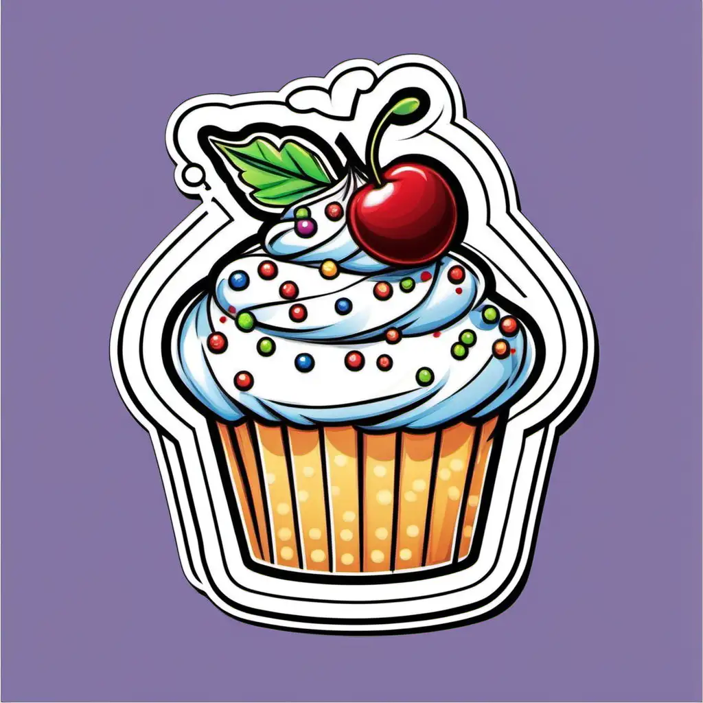 Sticker, Delightful Cupcake with Sprinkles and a Cherry on Top, cartoon, contour, 
vector, white background