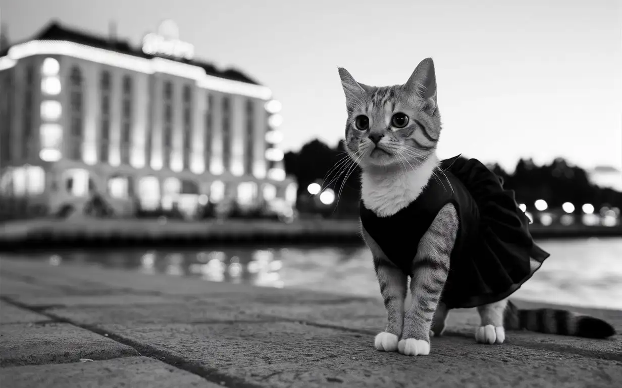 Elegant Woman in Black Dress on Alushta Promenade at Dusk