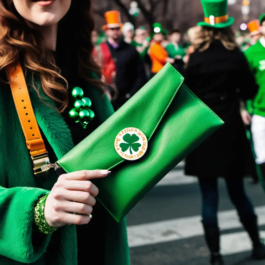 a mockup with a woman holding a wristlet at a st patricks day parade
