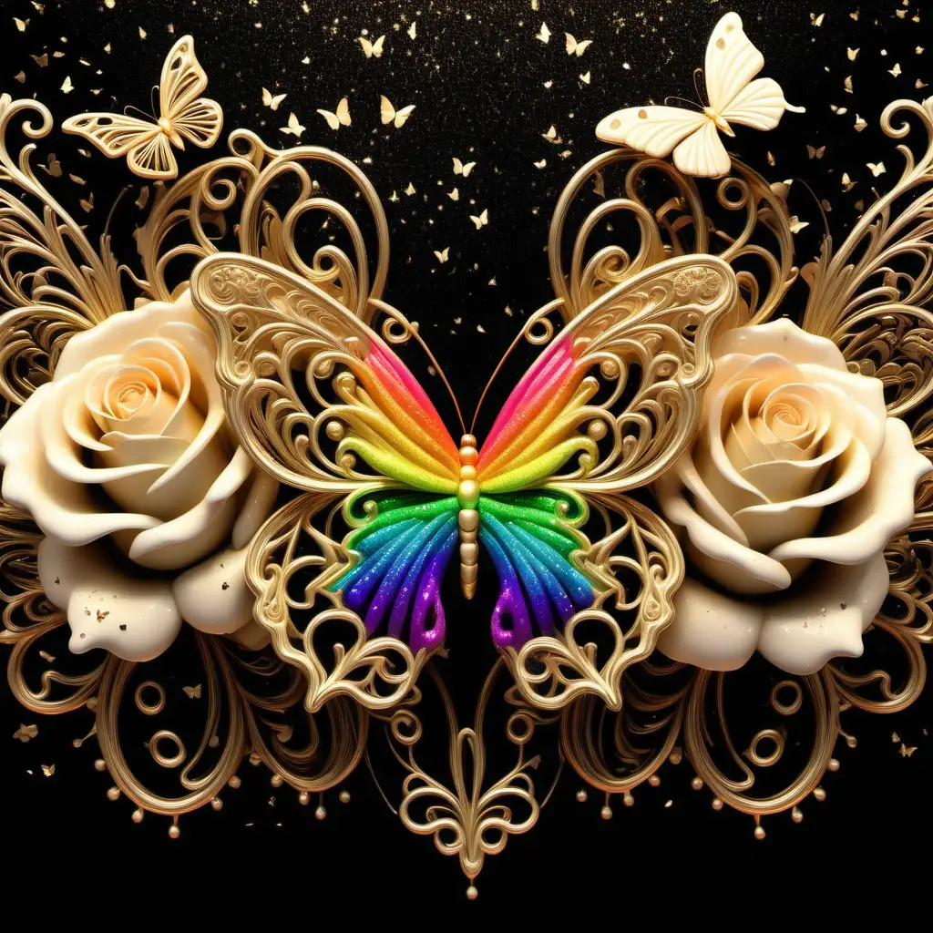 neon rainbow colorsplash background, gold, ivory, black, roses, butterfly, filigree, glitter, sparkle, glowing