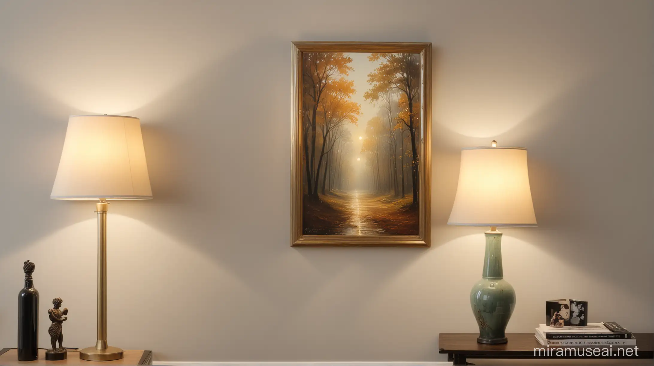 A wall with two paintings and a table lamp on one side

