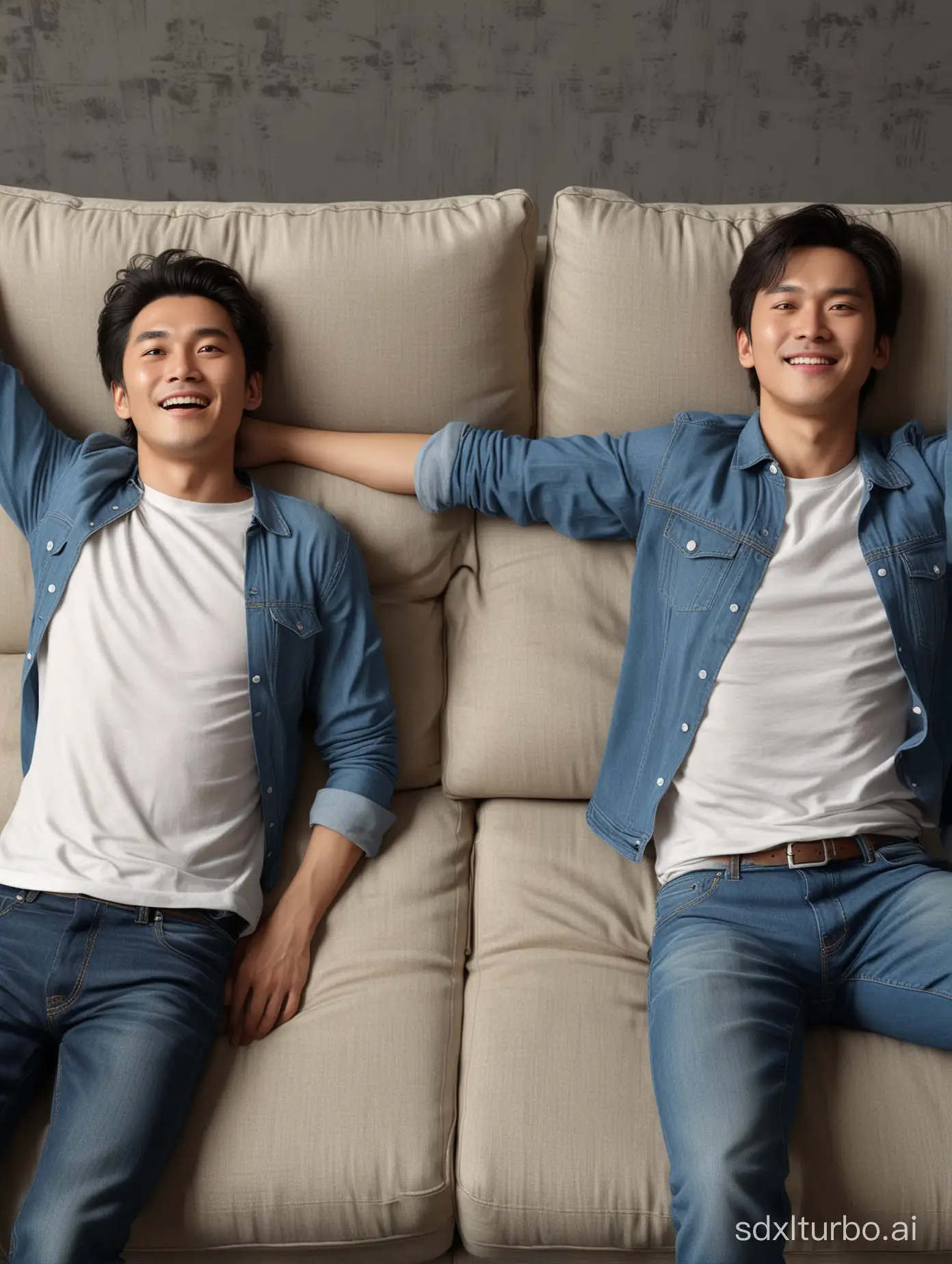 (2 man:1.5),lying on the sofa, side by side, happy, talk, stretch out  hands, stretch out  arms,(30 years :1.2),Asian, star face, upper body Angle, upper body Angle, Side angle of view, extremely detailed background,  Wear jeans,(8k, RAW photo, best quality, masterpiece:1.2), ultra detailed, ultra high res, (realistic, photo realistic:1.37), portrait, high detail RAW color photo, professional photograph, an extremely delicate and beautiful, extremely detailed, 8k wallpaper, Amazing, finely detail, huge file size, official art,  extremely detailed CG unity 8k wallpaper