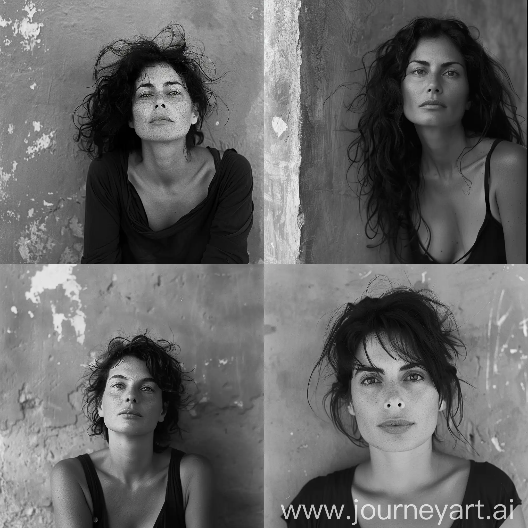Intimate photographic portrait of an attractive 40 years old Italian woman, in front of a flat wall, playful hair, peaceful and confident expression, deep and captivating eyes, looking at camera, eye contact, summer gentle light, cinematic style, shot with Fujicolor Pro 400H::3 by Ferdinando Scianna::2    --style raw