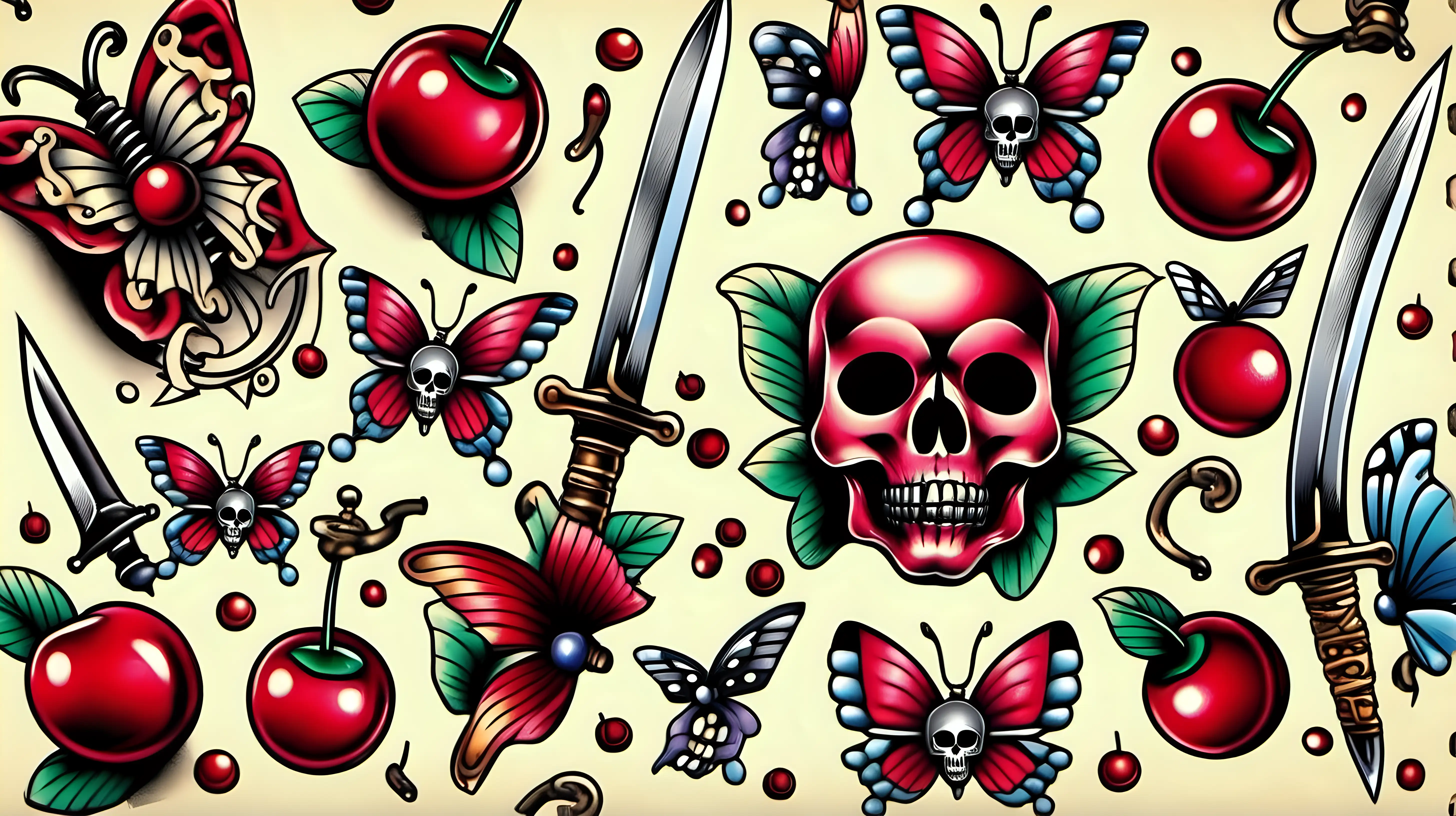 Pattern Old School Tattoo Design, cherry with bow, dagger, skull, butterfly, 3d