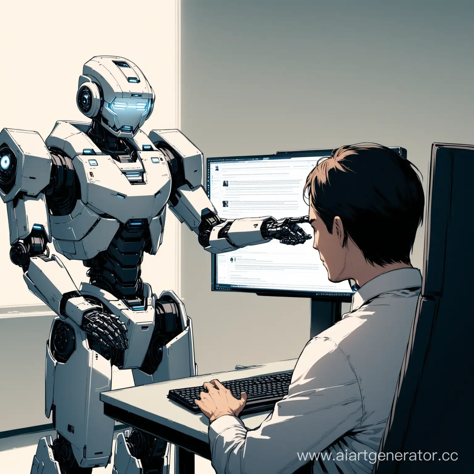 человек и робот сидят вместе и обсуждают текст на экране компьютера
