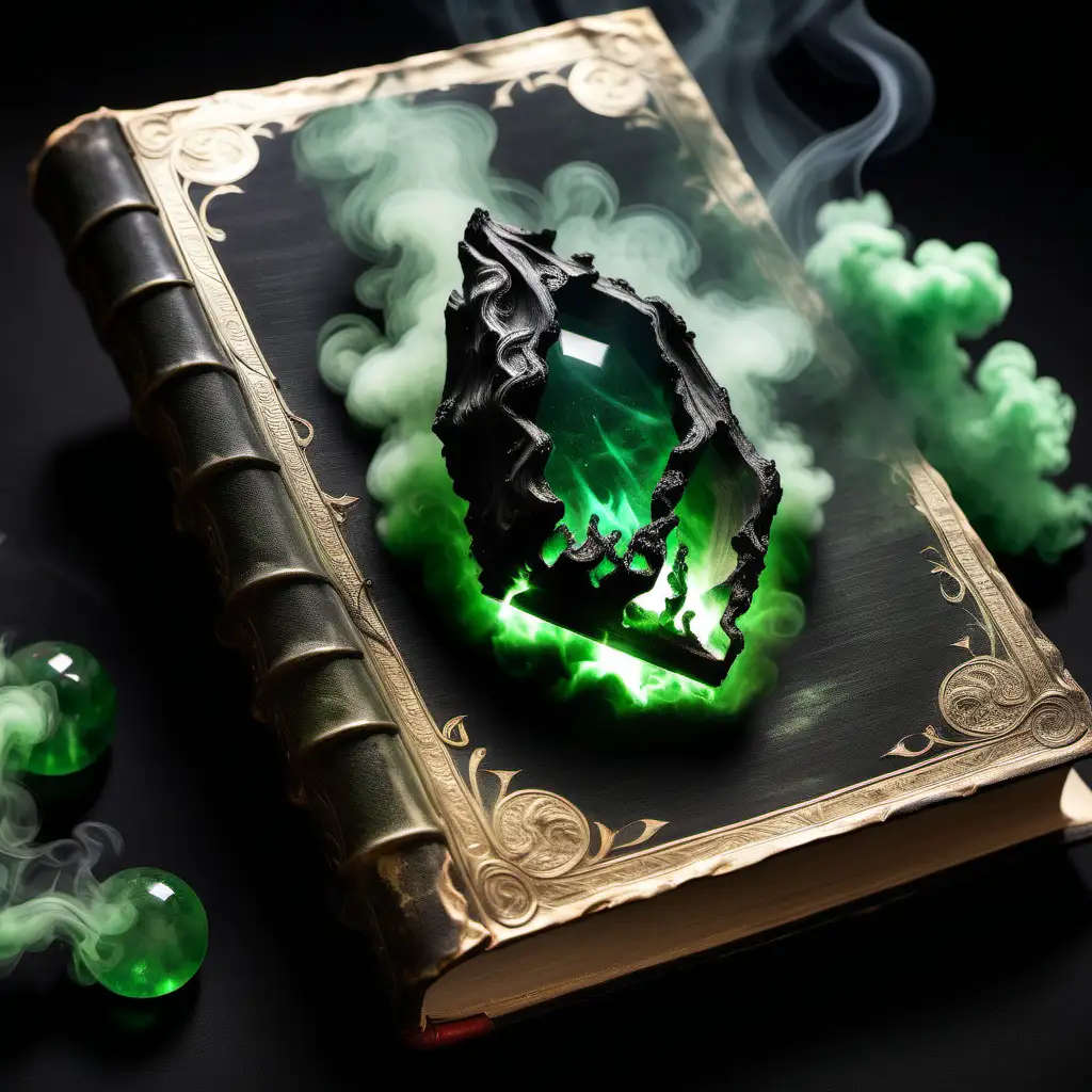 Mystical Black Smoke Emerges from Green Gem on Ancient Book Cover