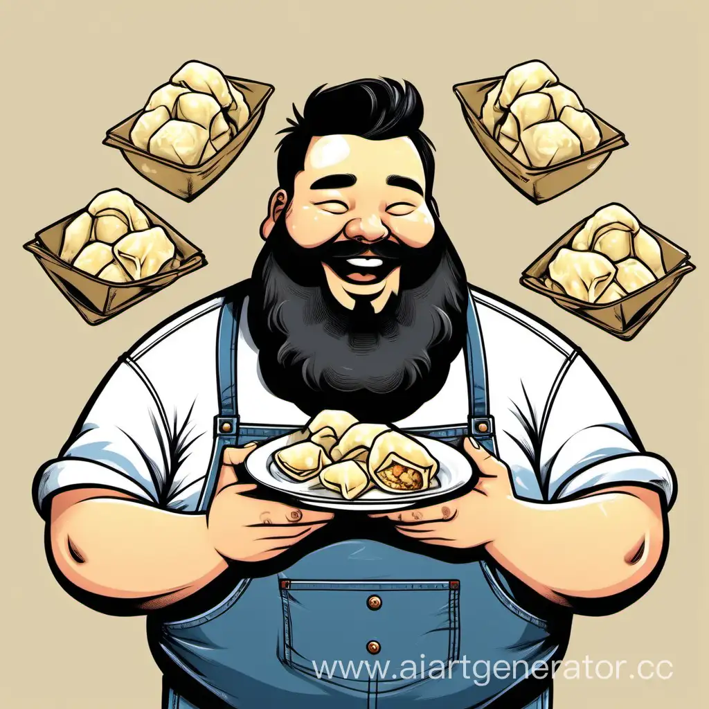 Крутой жирный мужчина с черной бородой,  с ч с доброй улыбкой, в джинсах и в рубашке кушает пельмени очень много пельмени.