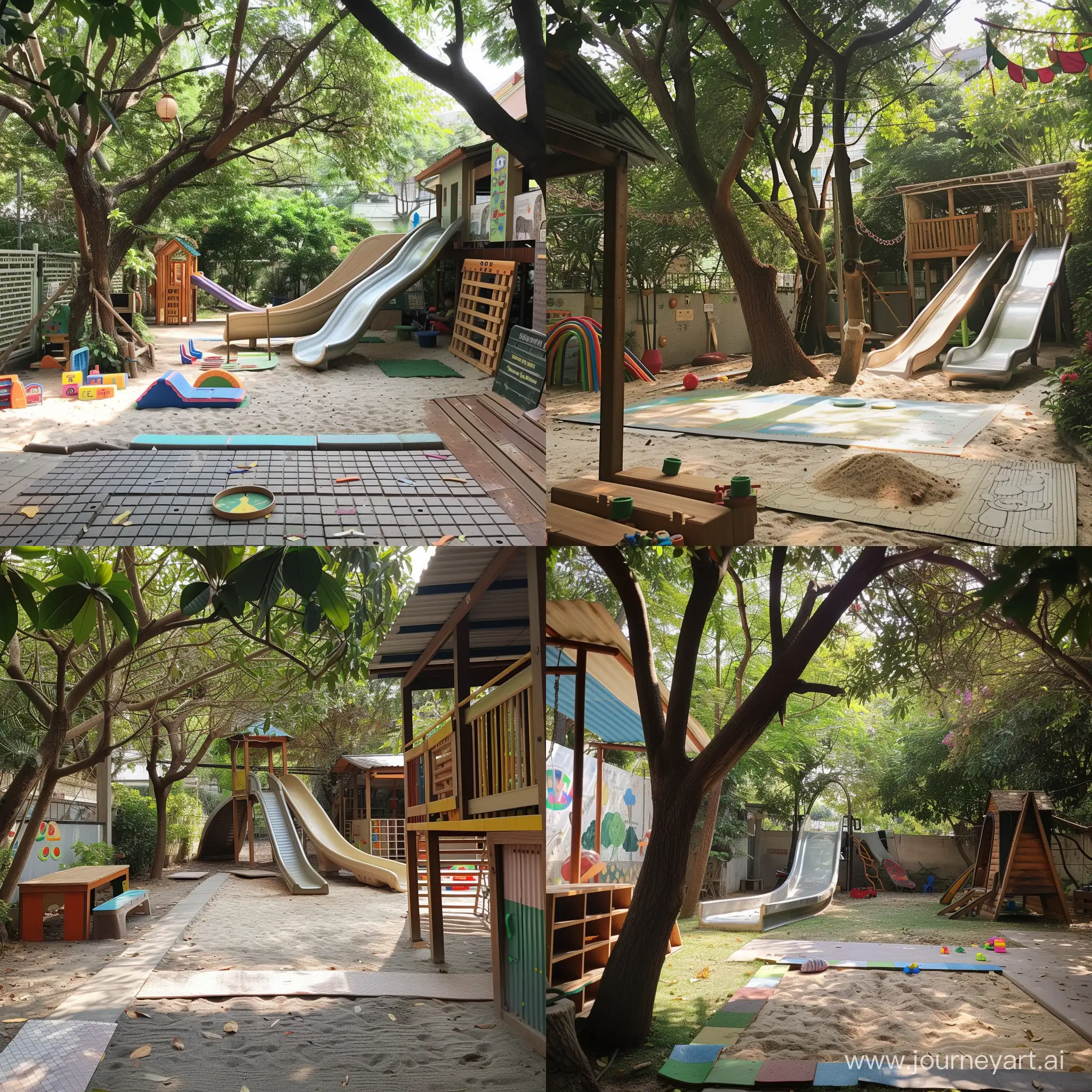 in a private childcare center  , outdoor yard very small, with a big slide under the trees，the slide was covered with mats so that no children can climb on it and play.  another side away from slide,   has  a tiny sandpit, sandpit no water allowed to play and very little toys in the sandpit, 






