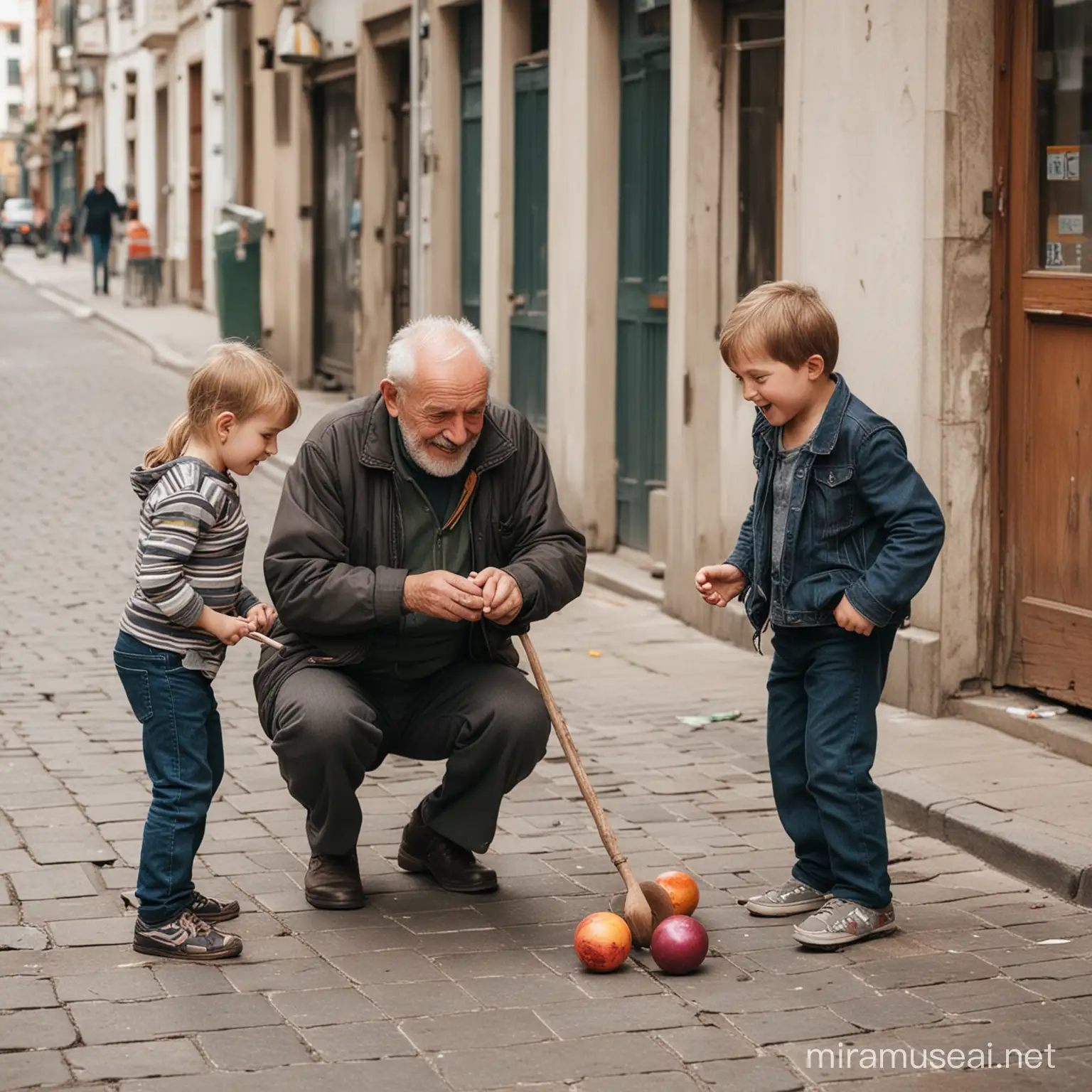 Elderly Grandfather Bonding with Three Grandchildren on Urban Street