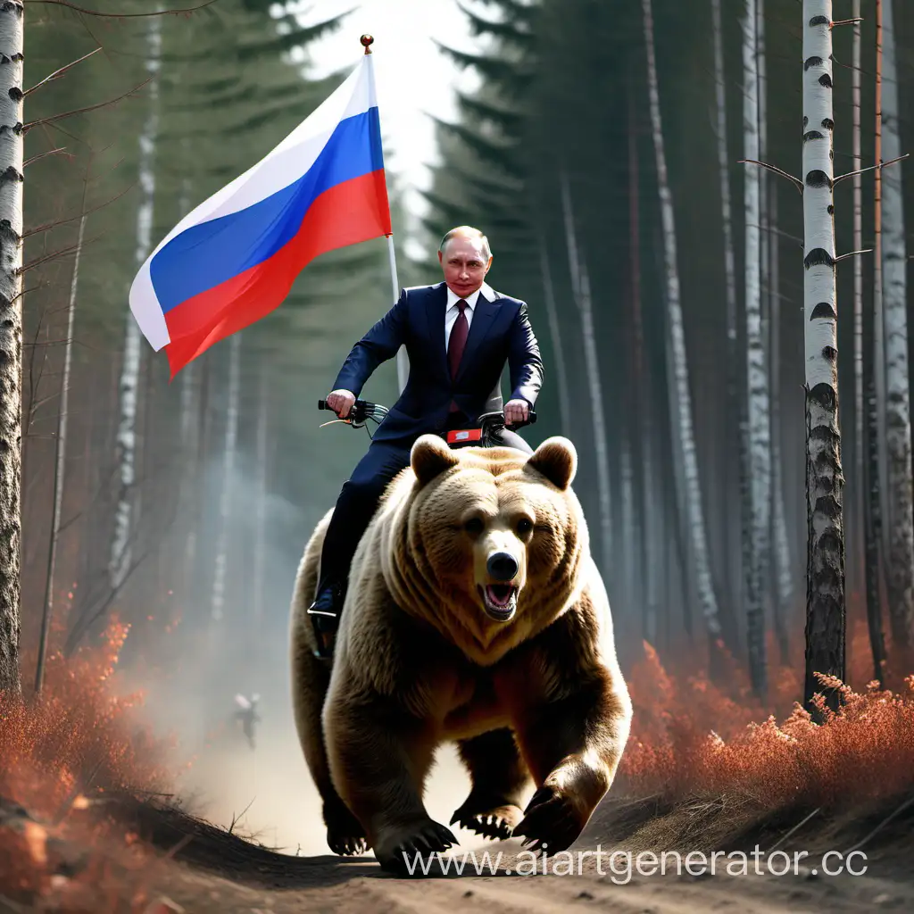 Russian-President-Putin-Riding-Bear-Through-Forest-with-National-Flag