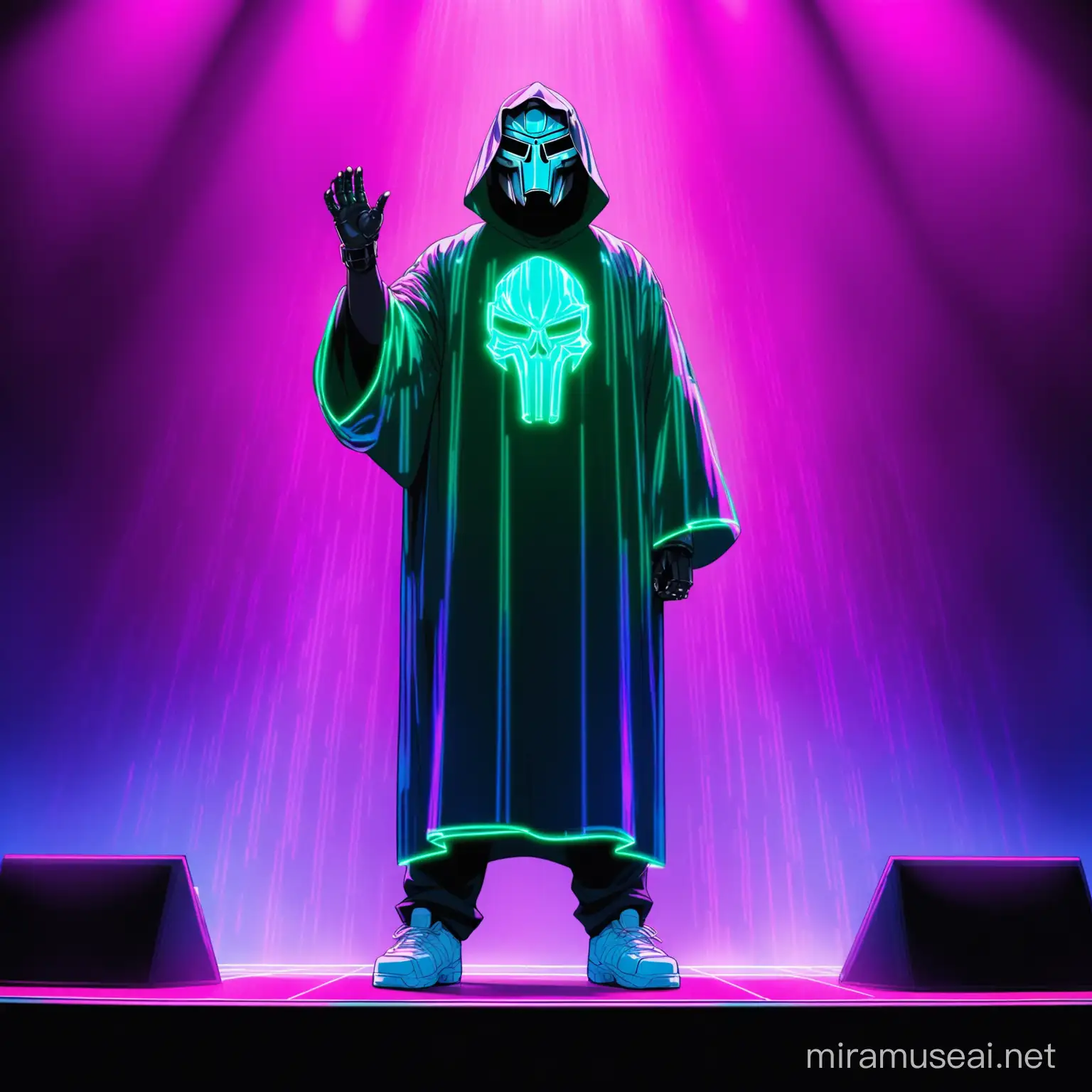 MF DOOM AS A FULL-BODY HOLOGRAM
ON A STAGE WITH NEON COLORS