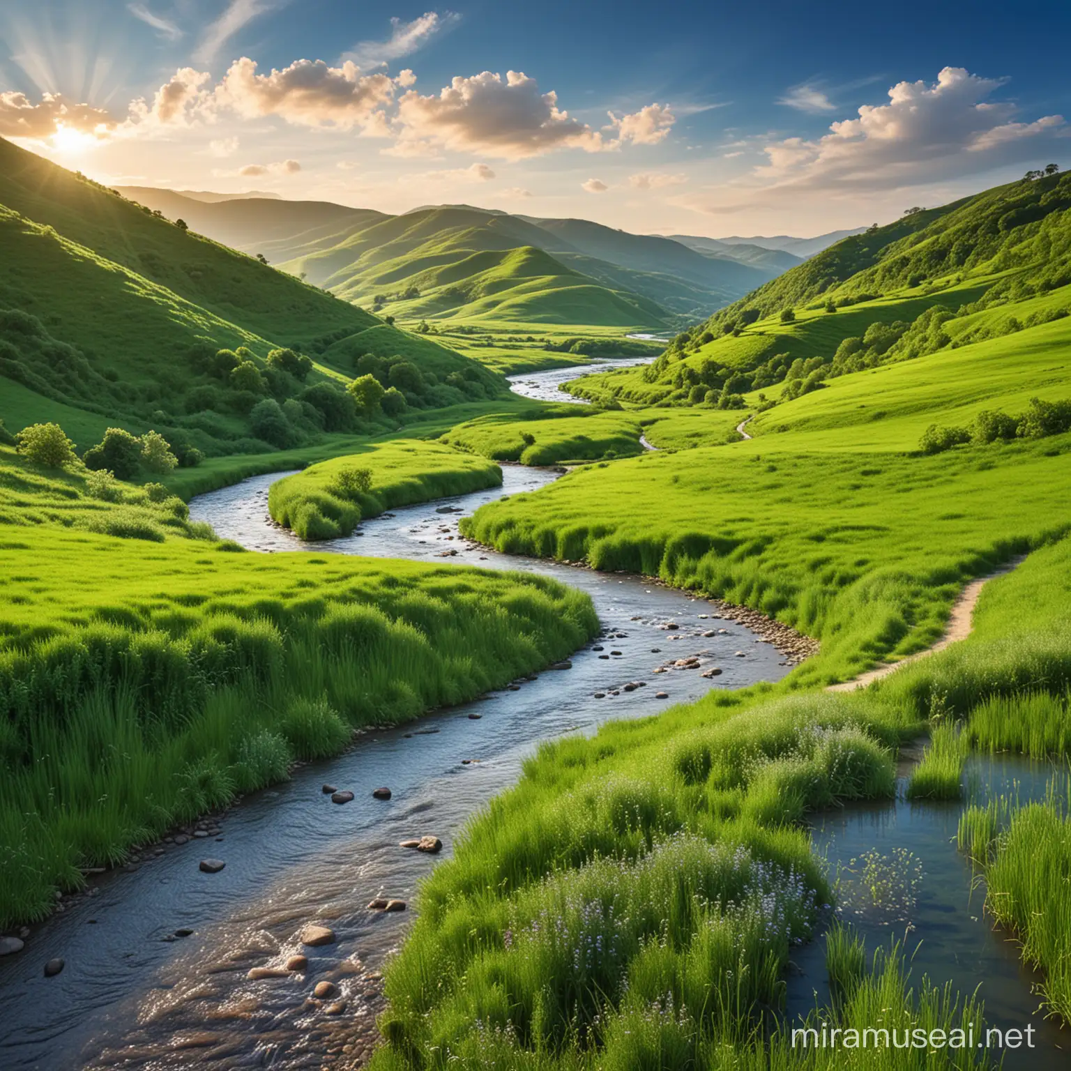 serene landscape with a winding river flowing through lush green hills under a vibrant blue sky