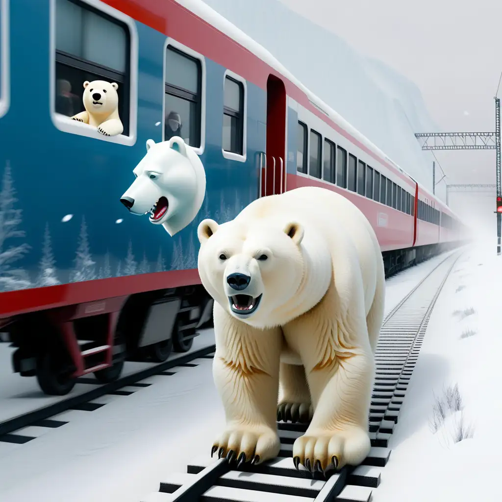 train riding in snow and a icebear