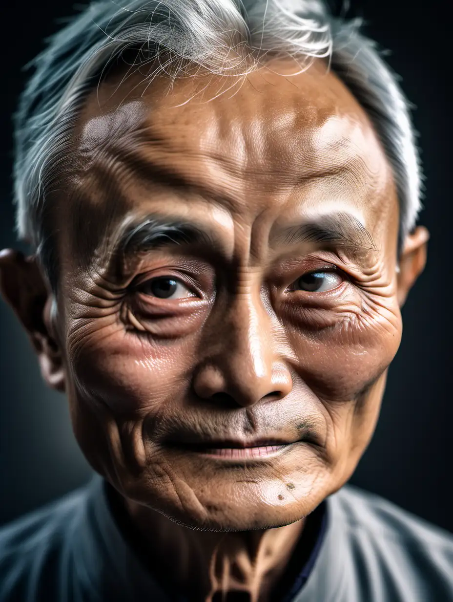 A graceful elderly Jack Ma  with silver hair and a lifetime of stories, captured in close-up, his eyes reflecting wisdom and strength, shot with Canon EOS R5, hyperrealistic photography, emphasizing dignity and the beauty of age