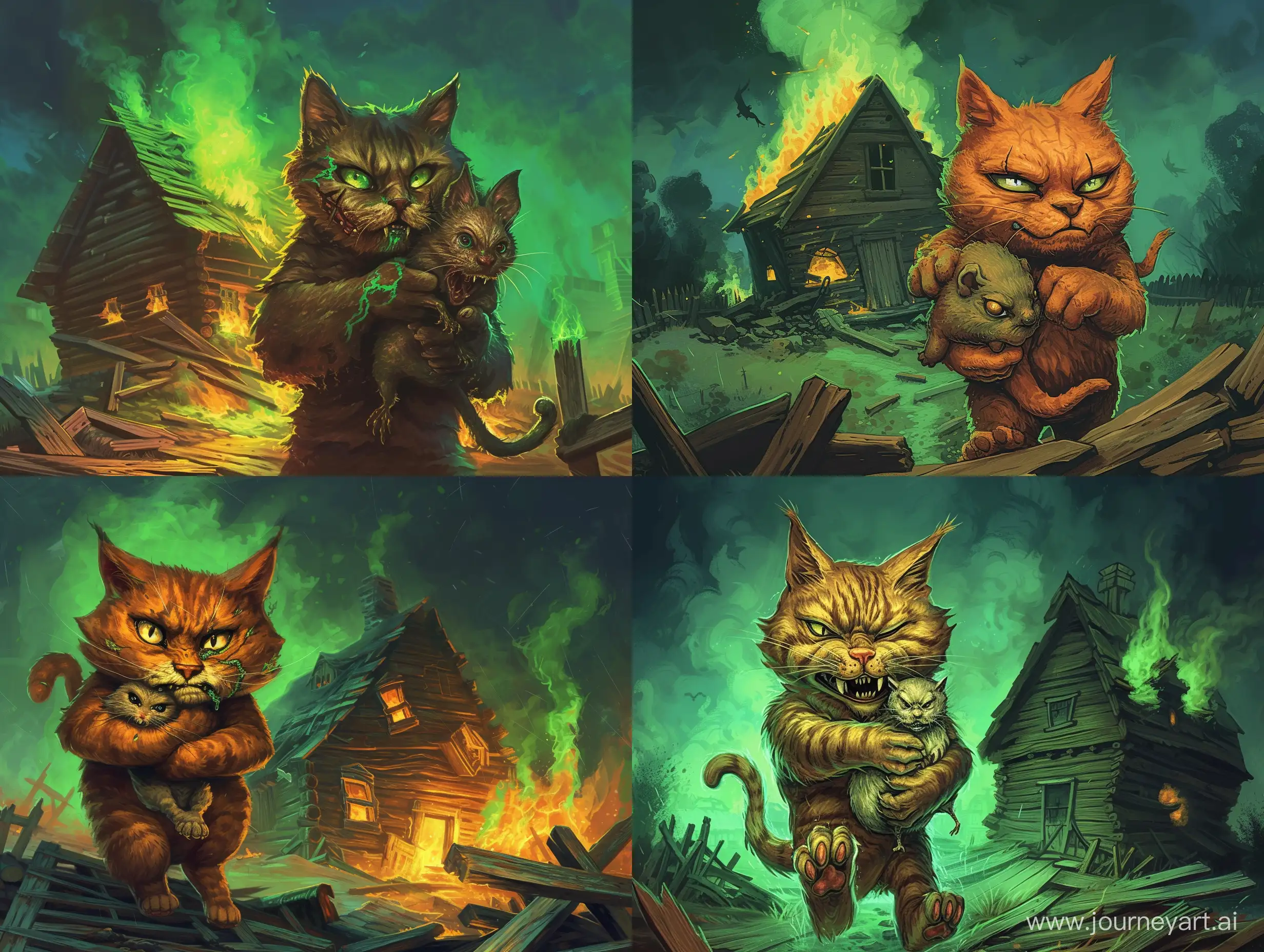 Sinister-Cat-Holding-Disgruntled-Mole-Amidst-Burning-Medieval-Horror-Scene