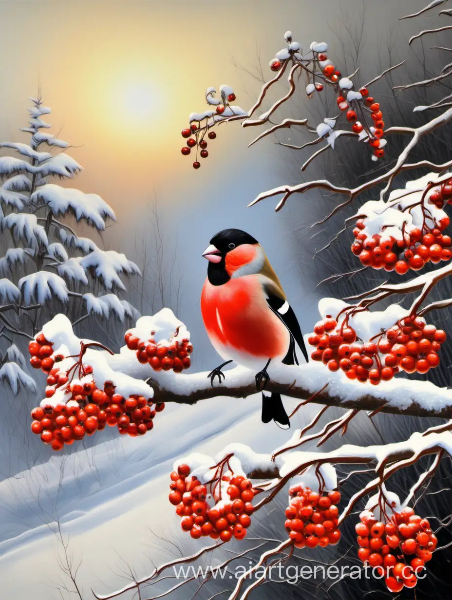 Зима рябина гроздья снегирь солнце снег красота шедевр живопись