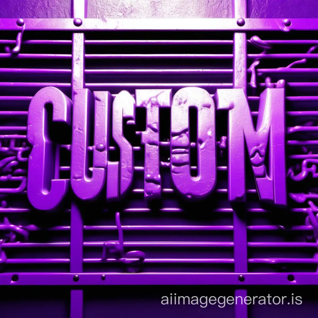 inscription in flowing purple letters "CUSTOM" in the style of the video clip "slick rick- behind bars"