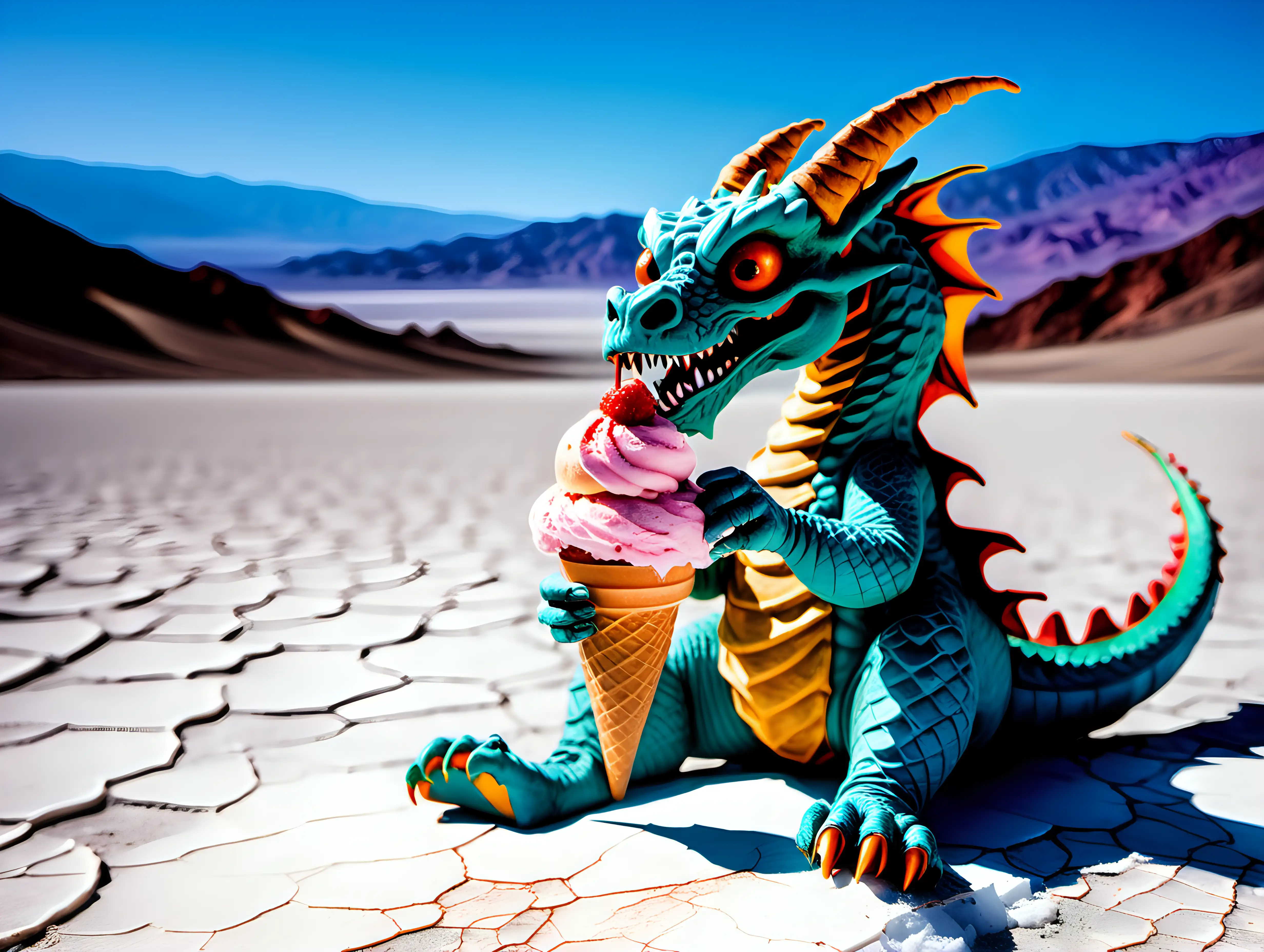 
a dragon eating an ice cream cone in Death Valley in the middle of summer