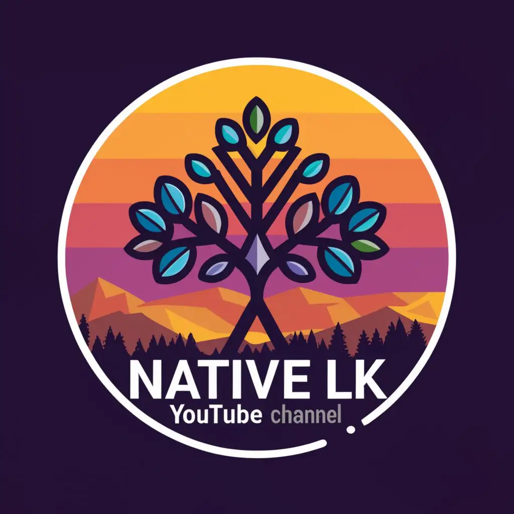 a logo design,with the text "Native LK", main symbol:Create a logo for 'Native LK' YouTube channel with trees, mountains, a sunset background, water elements, using warm colors like orange and purple, with birds or fish, include waves or ripples in the water, and add a sun or moon to represent day and night,Moderate,be used in Entertainment industry,clear background