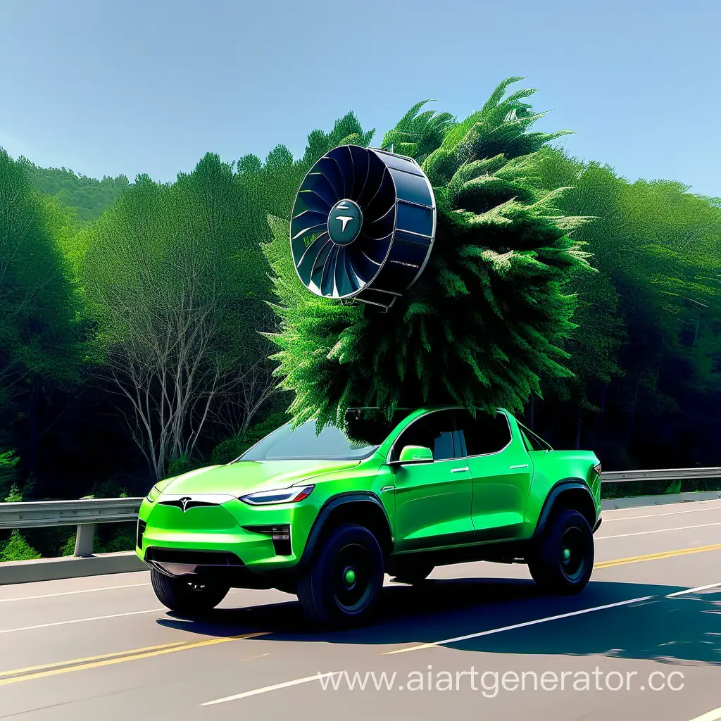 A big green electric fan  is on the roof of Tesla Cyber Truck and blowing to trees around, somewhere on the highway