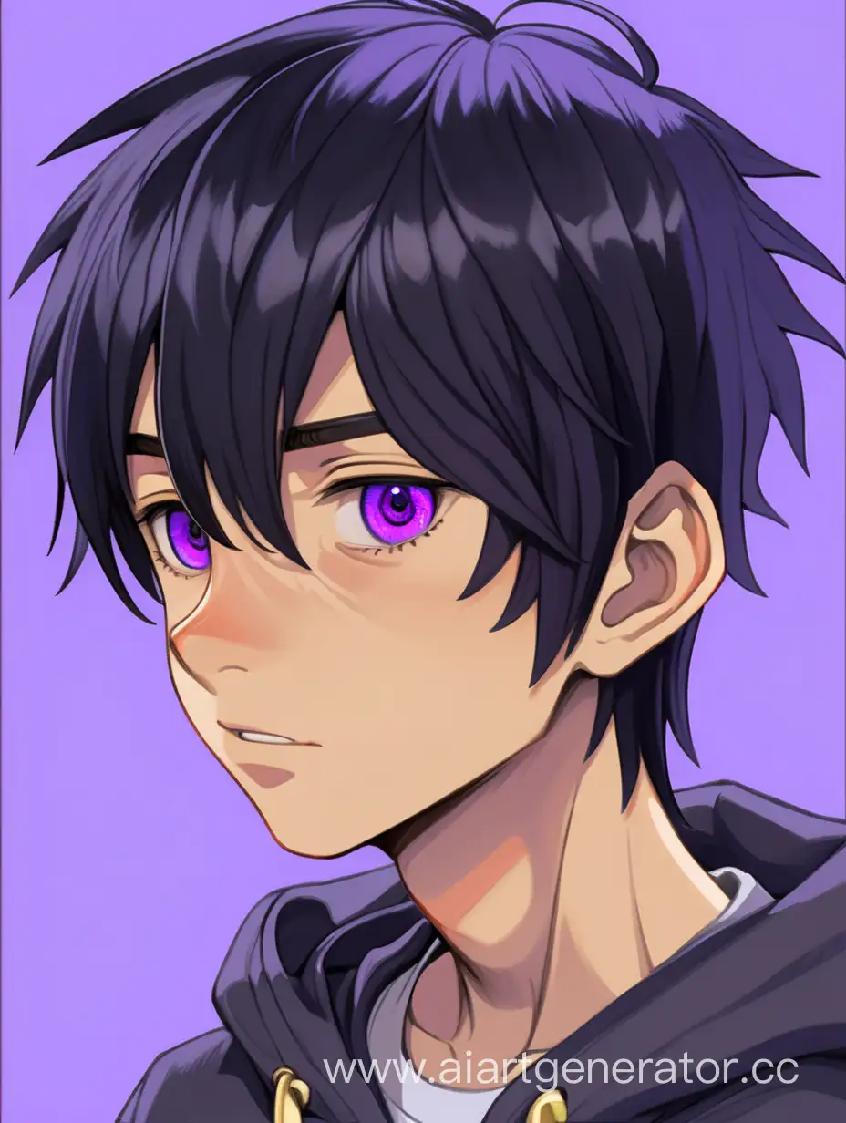 A boy, a 16-year-old teenager, with black hair and heterochralmia of the eyes (the left eye is golden, and the right eye is purple). Profile picture, for an avatar 600x600. He looks at the viewer with a crazy look, there are zero emotions on his face.