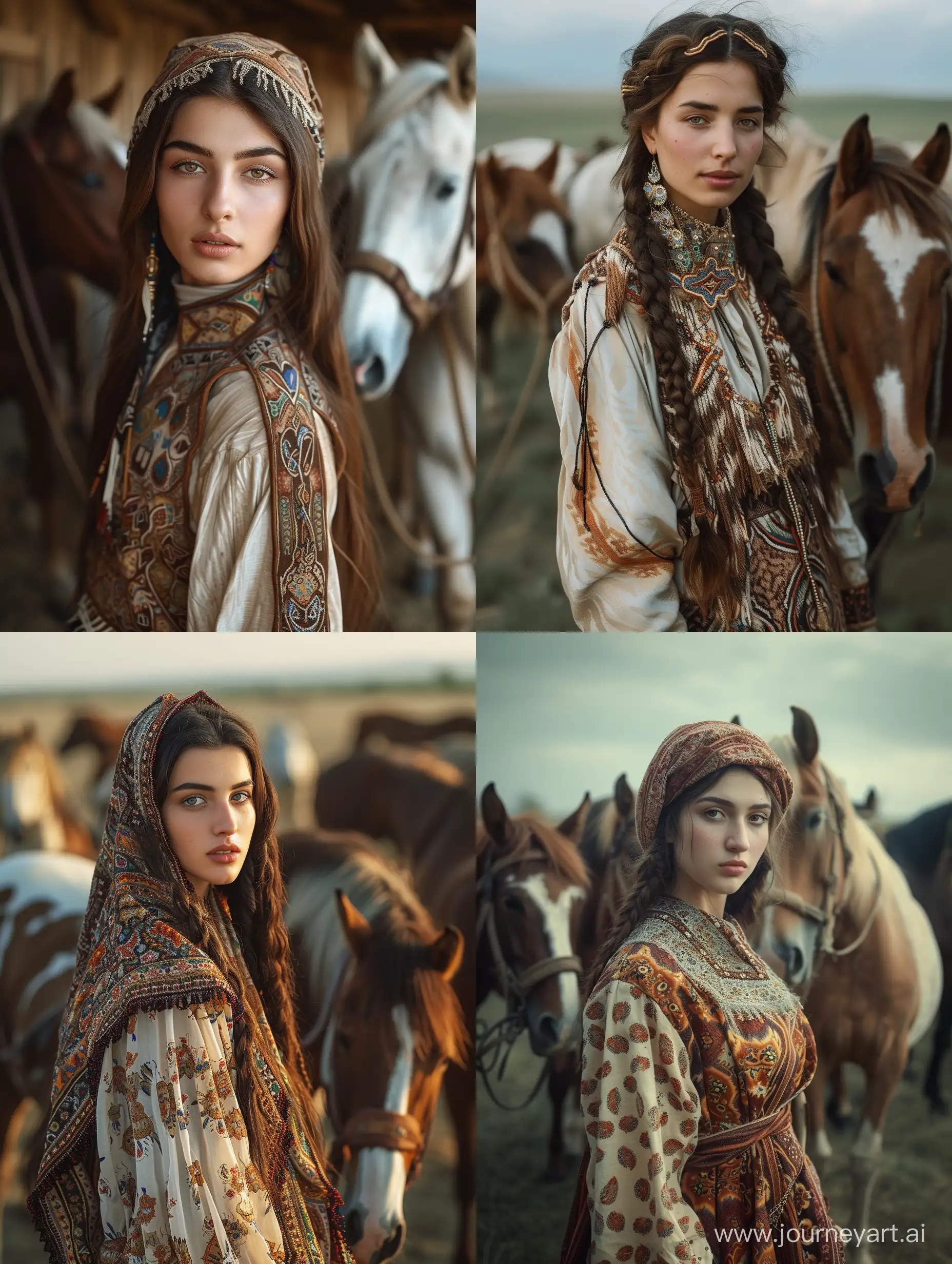 high-resolution, Image of a circassian Woman in a Village with horses. Sehe hast traditional clothes in "cherkeska", Dress. Sehe ist beautiful, handsome, 20 years old.
