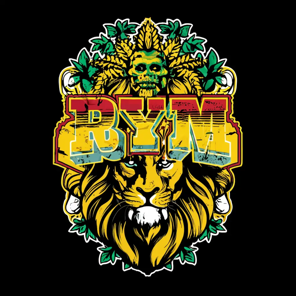 a logo design, with the text 'Rastafari Yard Men', main symbol: RYM, Moderate, clear background make it with a lion in the back. Use the same colors.  use only one lion. give it a lot of red, green and yellow colors. add a big skull