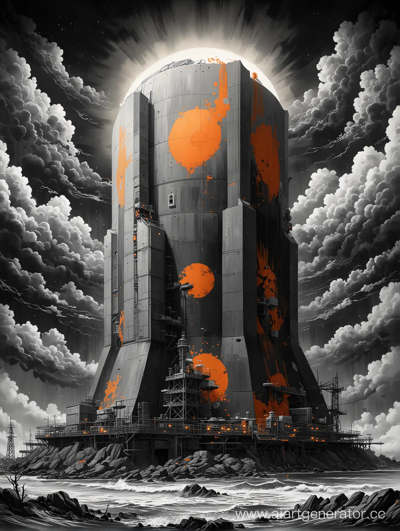 ядерный реактор, используй только черный белый серый и оранжевый цвета, в стиле японских картин
