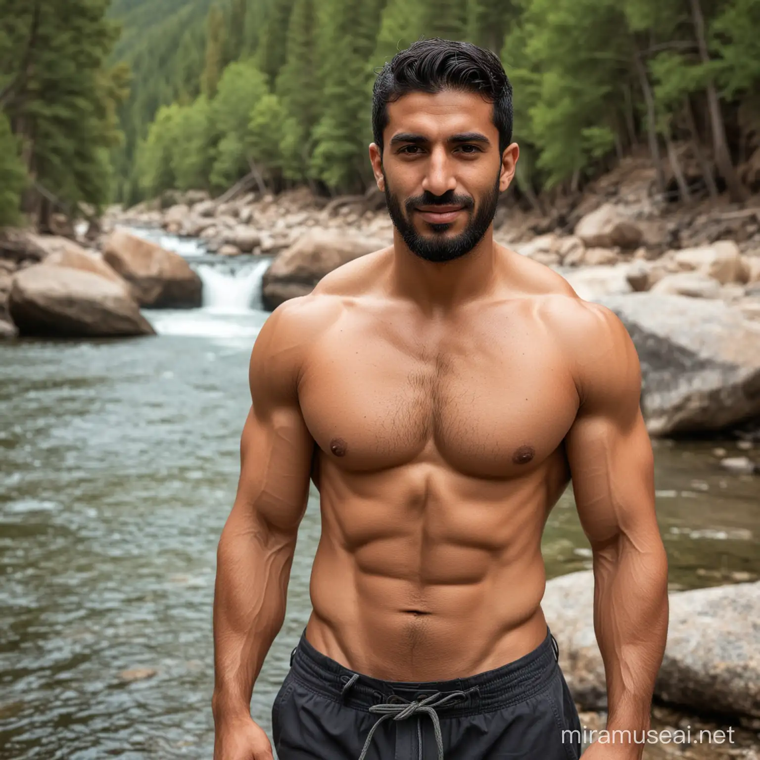 Handsome, brawny middle eastern man, age 32, shirtless, at a mountain river