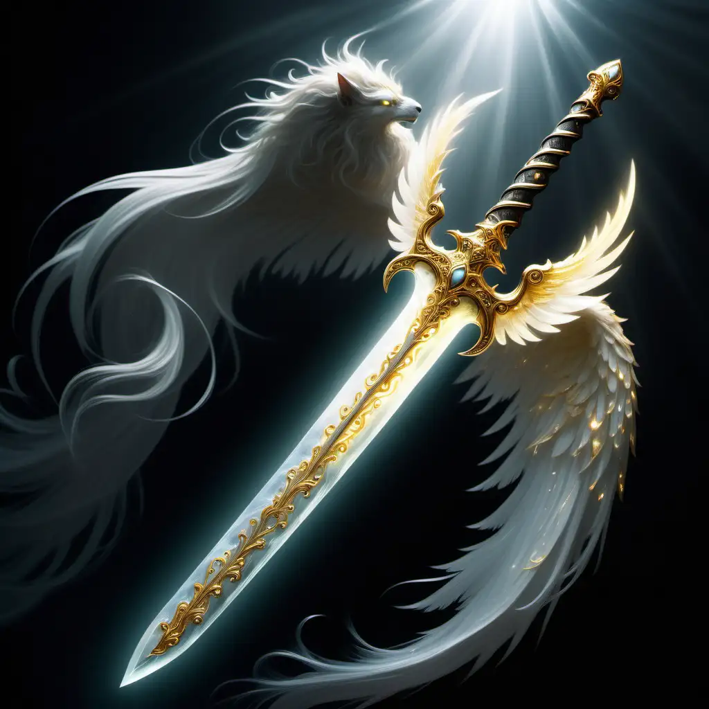 A luminous, glowing alabaster sword with golden streaks and silver accents streaking through wind wisps with its winged guard