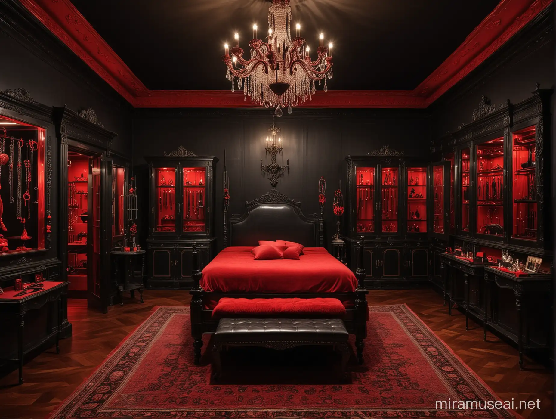 Una habitación de castigo sexual de lujo al estilo elegante antiguo con paredes negras con decoraciones en rojo, con vitrinas elegantes con juguetes sexuales y látigos de castigo, una cama para castigos sexuales y un candelabro de lujo en el techo con iluminación de luces rojas 