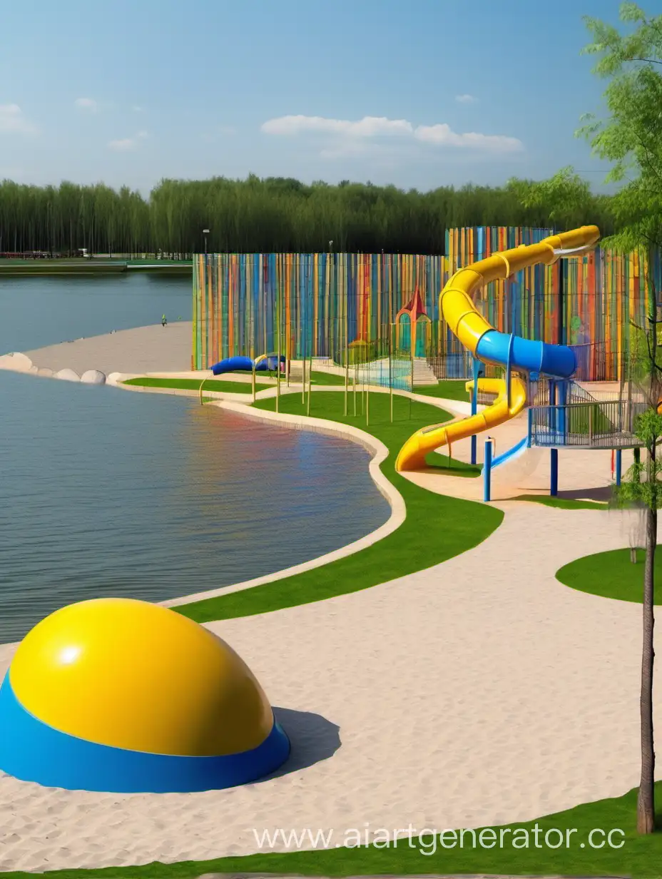 пляжная зона на берегу озера Россия в ландшафтном парке с интерактивной зоной для детей и взрослых
