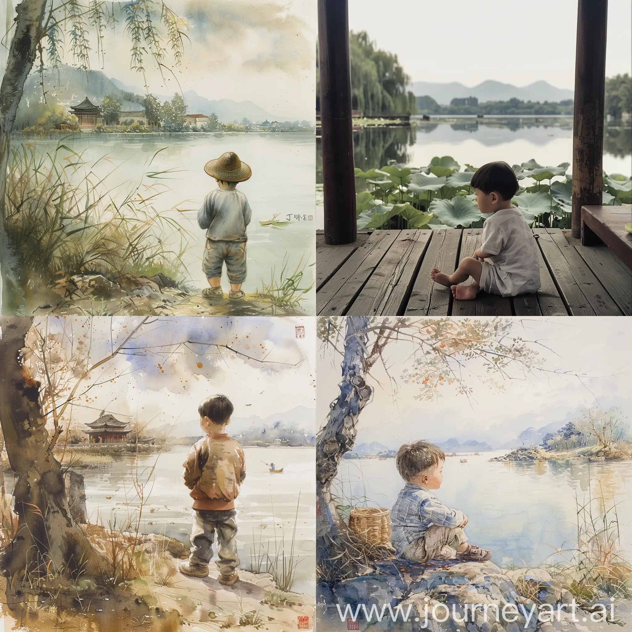 Little-Boy-by-West-Lake-Tranquil-Waterside-Scene-with-a-Child