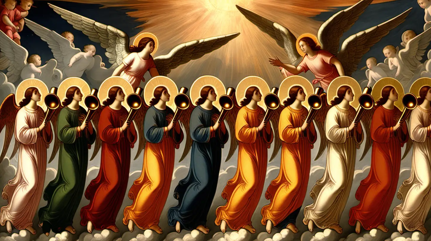 Apocalyptic Scene Majestic Angels Blowing Trumpets