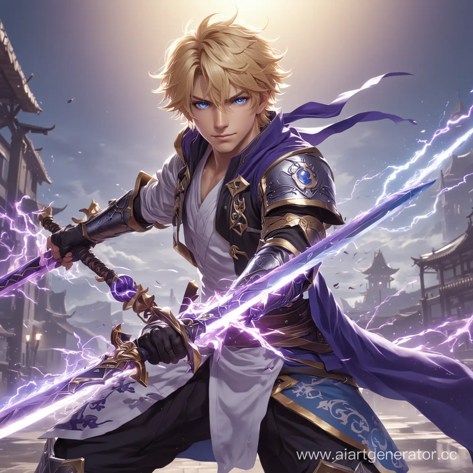 Electro, violet, genshin, man, blond hair, blue eyes, one-handed sword