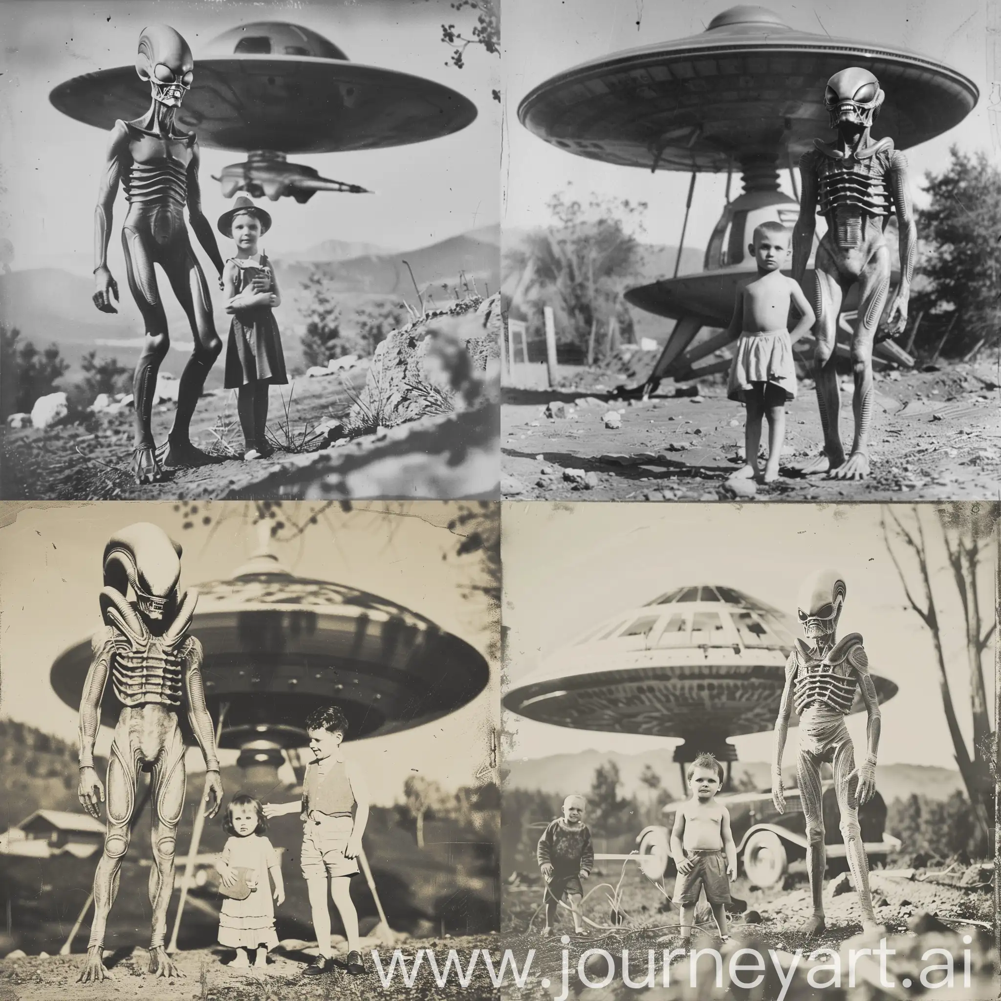 An realistic old black and white photo taken in 1930 of an alien creature standing with a child, a spaceship behind them, with real details, as if it were a realistic, non-fictional photo with real and clear features highly detailed --style raw 
