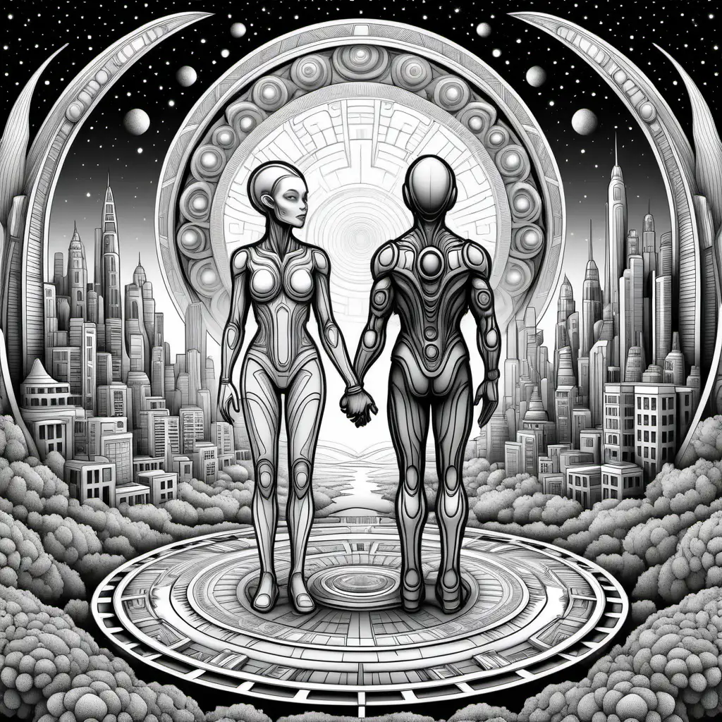 Adult coloring book, 3d human and alien standing side by side holding hands in futuristic city. Black and white, no shading, no color, thick black outline, Symmetrical mandala with space-themed frame.