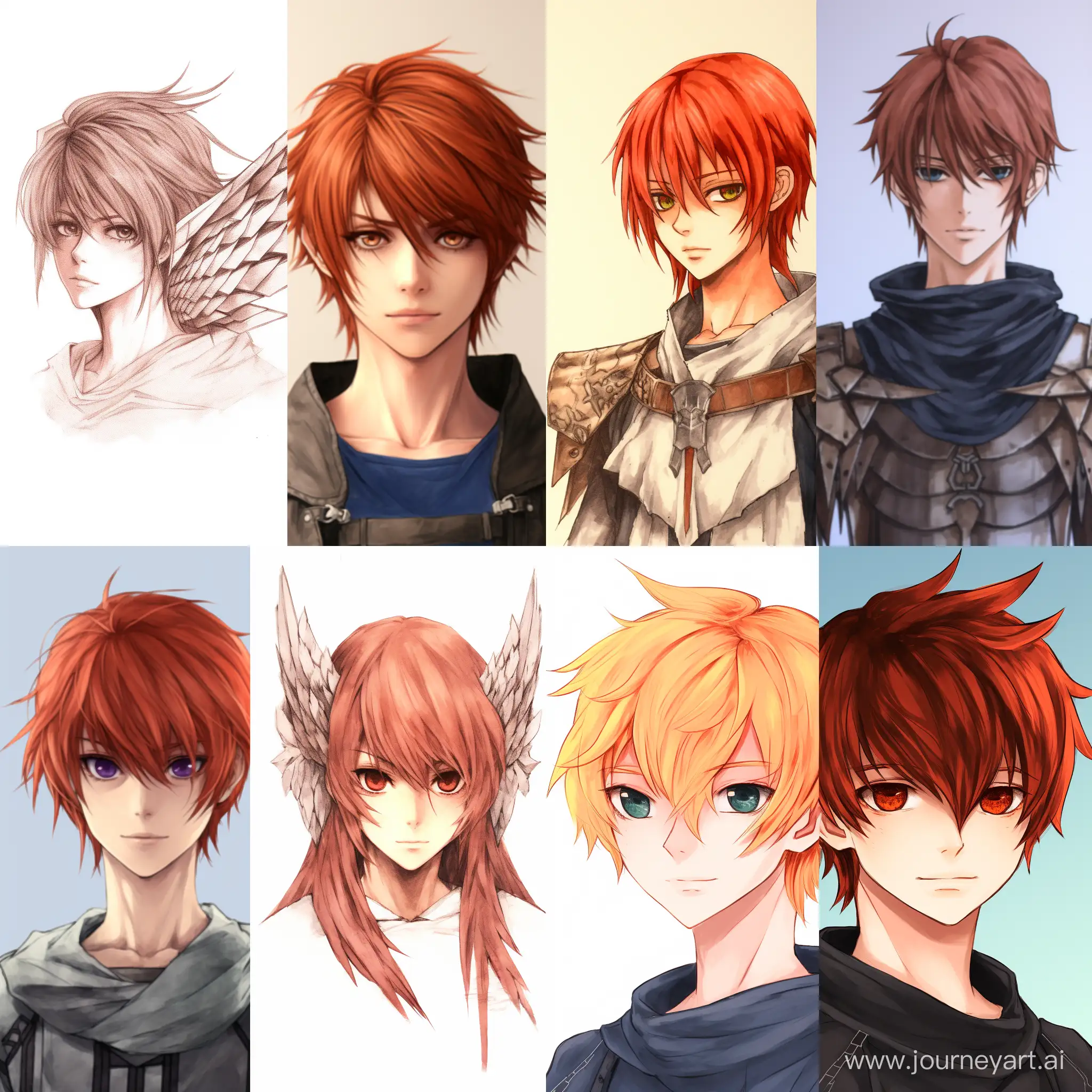 anime style, Anime, Anime drawing, Simple drawing, The left side is red hair, The right side is brown hair, Eyes without pupils, Short hair - square, The Wings of the Archangel, Minimalistic background, a masterpiece of quality, the best quality, masterpiece angles, a masterpiece drawing.