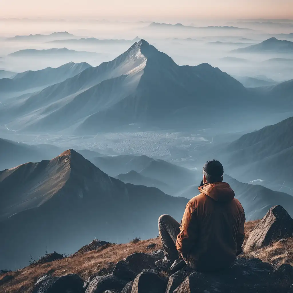 Solitary Figure Contemplating Atop a Mountain Peak