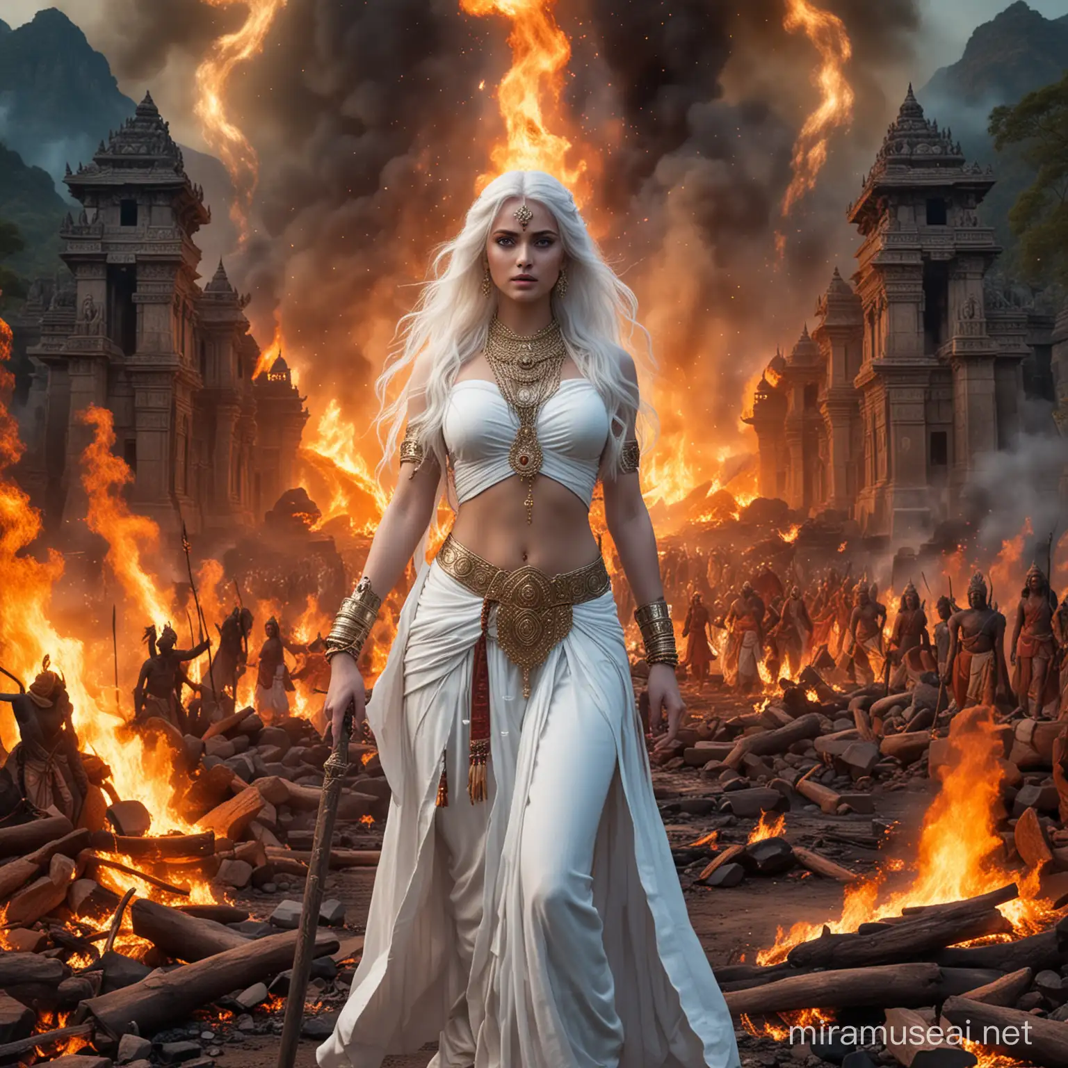Hindu Empress Goddess in Fiery Combat with Demonic Deities