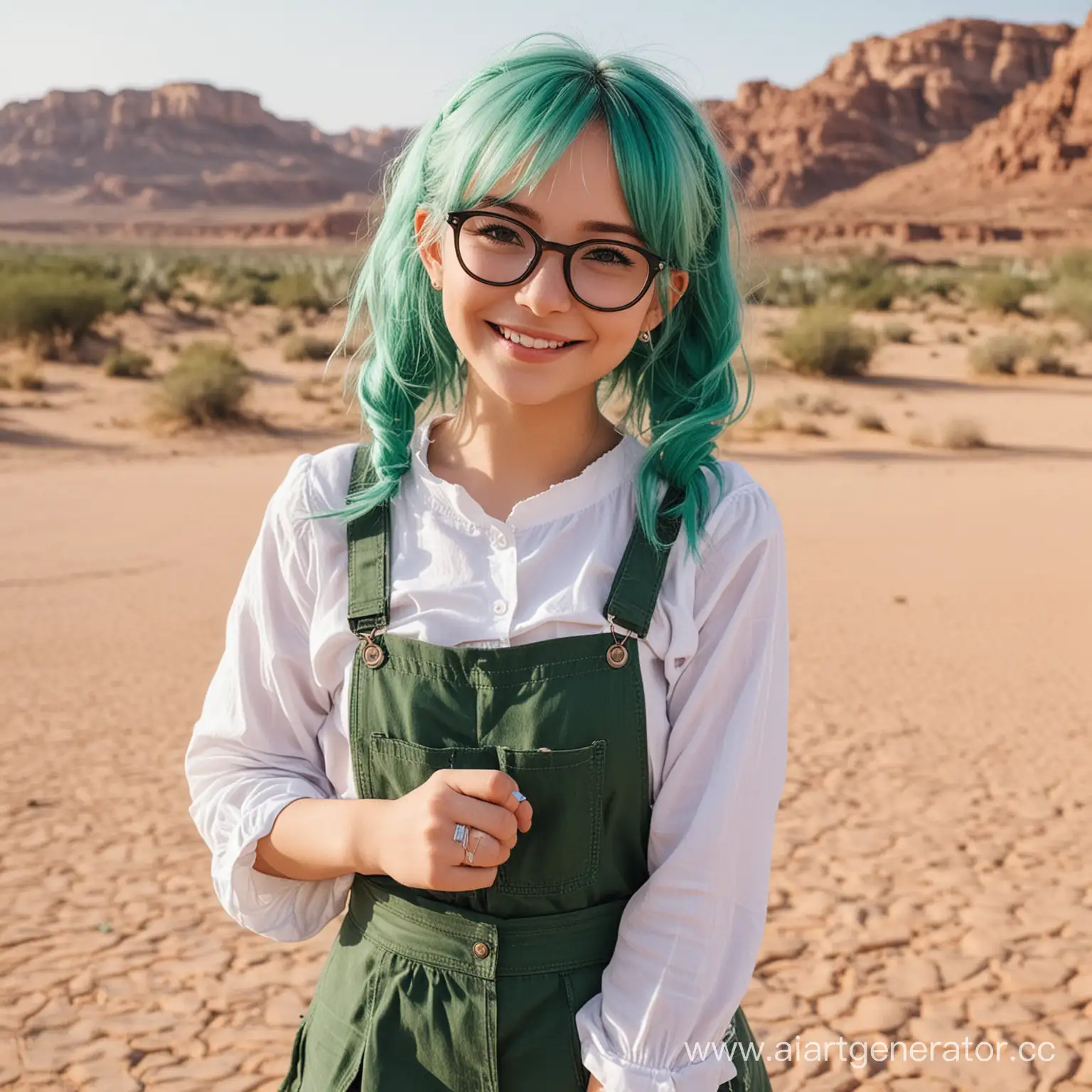 loli, beautiful, green hair , cute , oldLoli, beautiful, green hair , cute , in old clothes , glasses, desert behind , smiling 