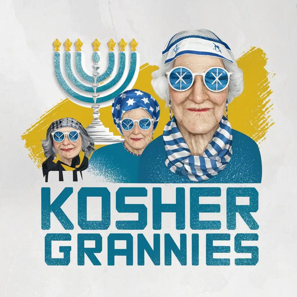 LOGO-Design-For-Kosher-Grannies-Vibrant-Yellow-Blue-and-White-Emblem-Featuring-Jewish-Symbolism-and-Typography