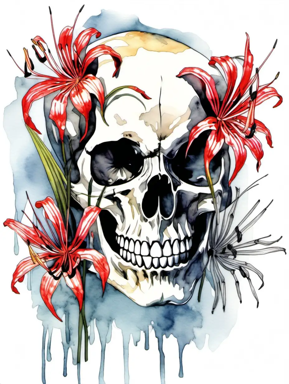 skull with spider lily in the style of water color, white background