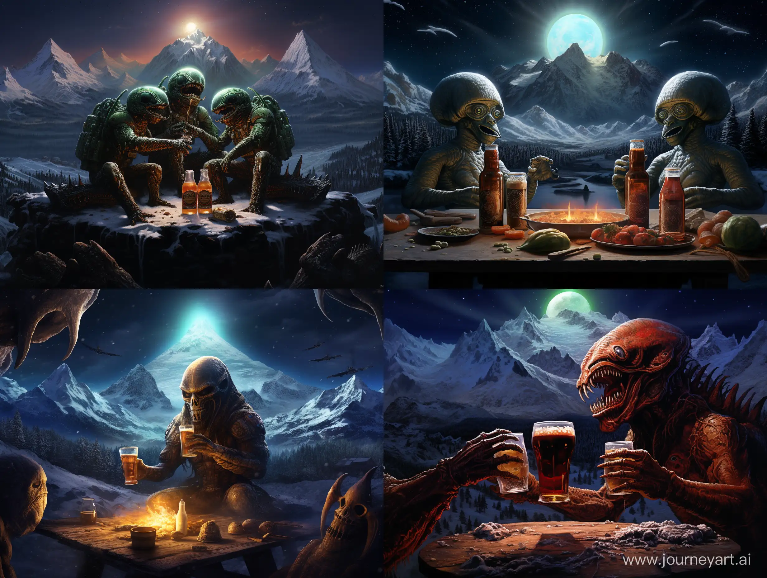инопланетяне пьют пиво, ночь, снег, горы