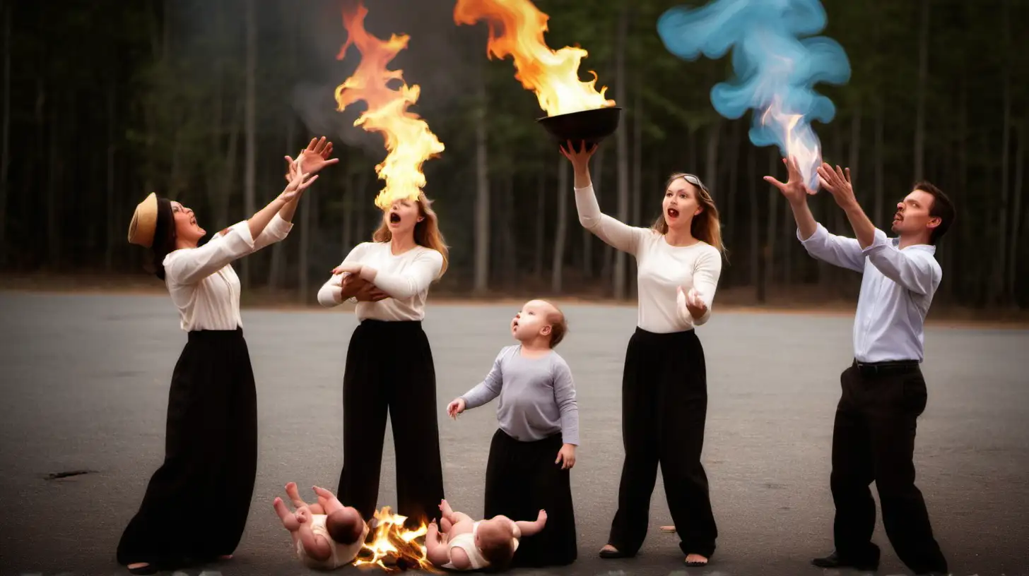 Multitasking Parents Juggling Babies by the Campfire