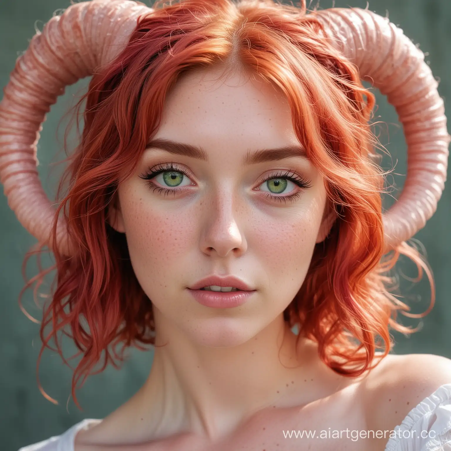 девушка с большими спиральными рогами, с короткими рыжими волнистыми волосами, с полностью зелеными глазами, с розовой кожей, с веснушками