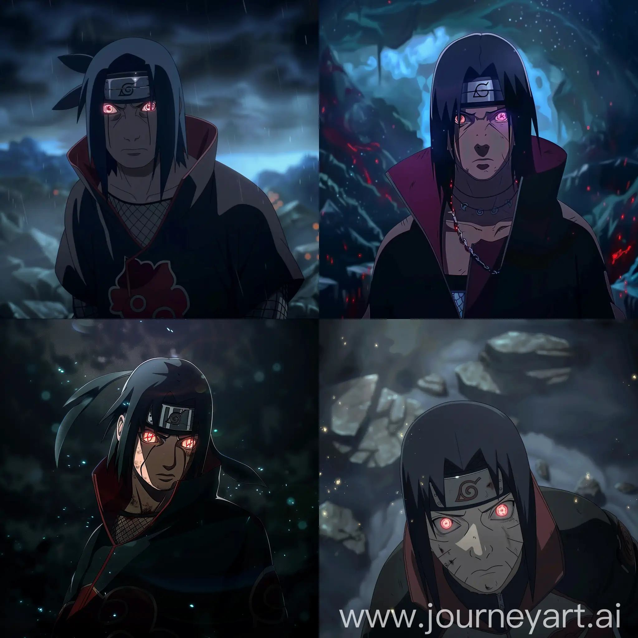 Itachi from the anime Naruto in a dark atmosphere with glowing eyes