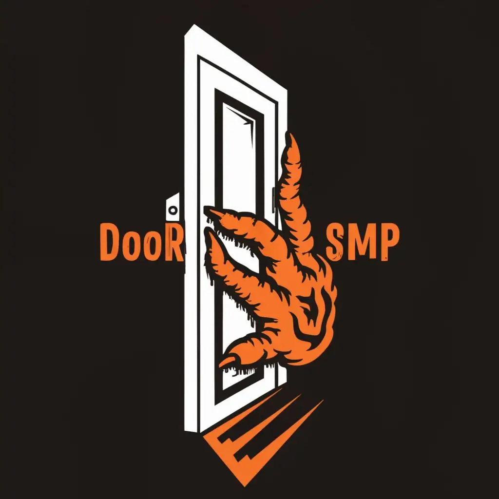 logo, the door slightly ajar and from it emerges a sharp monster hand, with the text "DOOR SMP", typography