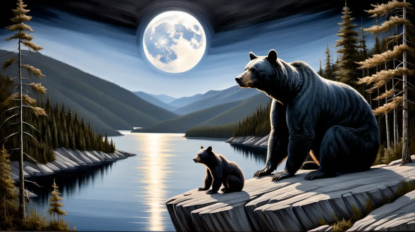  oil painting of black bear and cub sitting in front of full white moon on cliff with forest, lake, clear sky, no clouds and mountains
