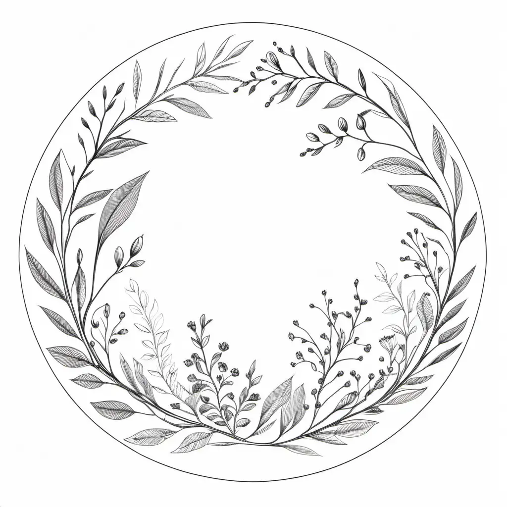 Circular Floral Branches Line Drawing